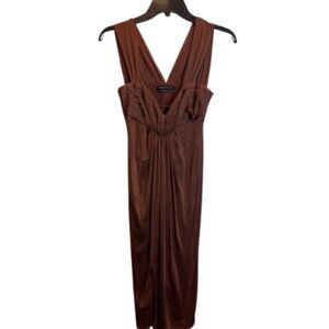 BCBGMAXAZRIA Brown Bronze Ruched V-Neck Midi Dress XS